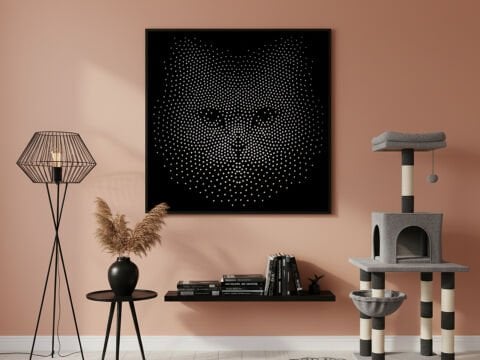 Nox – Noktalı Kedi Figürlü Siyah Beyaz MDF Ahşap Katmanlı Duvar Tablosu | Lazer Kesim