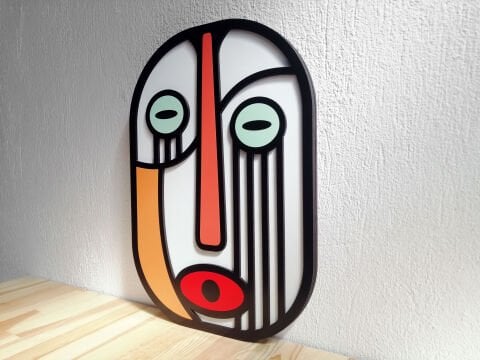 Line Mask – Modern Çizgili Yüz MDF Ahşap Katmanlı Duvar Tablo | El Boyama & Lazer Kesim