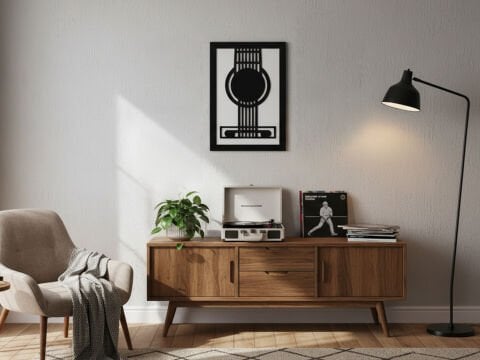 Guitar – Müzik Temalı Siyah Beyaz MDF Ahşap Katmanlı Duvar Tablosu | Lazer Kesim