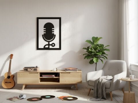 Retro Mic – Müzik Temalı Siyah Beyaz MDF Ahşap Katmanlı Duvar Tablosu | Lazer Kesim