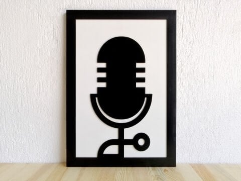 Retro Mic – Müzik Temalı Siyah Beyaz MDF Ahşap Katmanlı Duvar Tablosu | Lazer Kesim