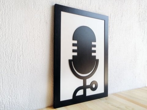 Retro Mic – Müzik Temalı Siyah Beyaz MDF Ahşap Katmanlı Duvar Tablosu | Lazer Kesim