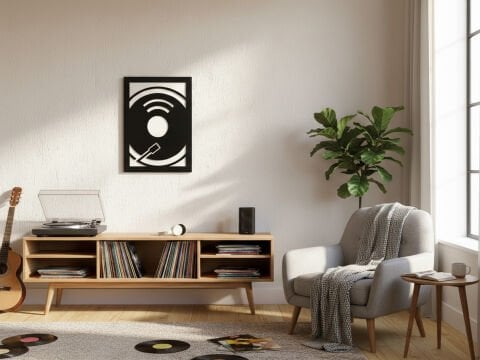 Turntable – Müzik Temalı Siyah Beyaz MDF Ahşap Katmanlı Duvar Tablosu | Lazer Kesim