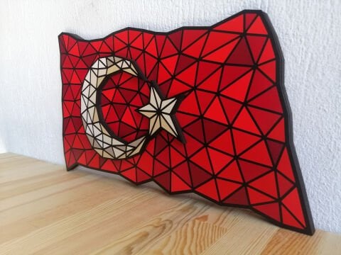 Türk Bayrağı - Mozaik Desenli MDF Ahşap Katmanlı Duvar Dekoru | El Boyama & Lazer Kesim