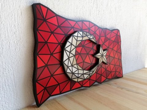 Türk Bayrağı - Mozaik Desenli MDF Ahşap Katmanlı Duvar Dekoru | El Boyama & Lazer Kesim