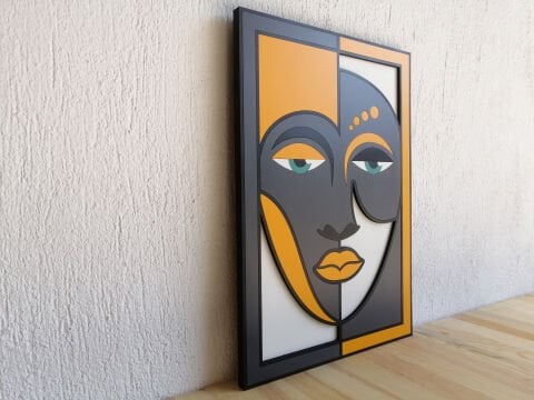 Valoris – Soyut Yüz Temalı MDF Ahşap Katmanlı Duvar Tablosu | El Boyama & Lazer Kesim