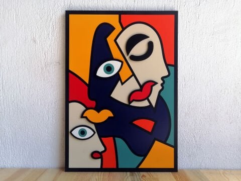 Fusion – Geometrik Yüz Figürlü MDF Ahşap Katmanlı Duvar Tablosu | El Boyama & Lazer Kesim