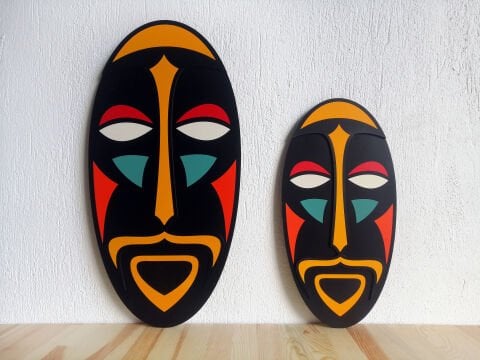 Ritüel – Etnik Mask Formlu MDF Ahşap Katmanlı Duvar Dekoru | El Boyama & Lazer Kesim