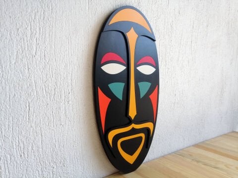Ritüel – Etnik Mask Formlu MDF Ahşap Katmanlı Duvar Dekoru | El Boyama & Lazer Kesim