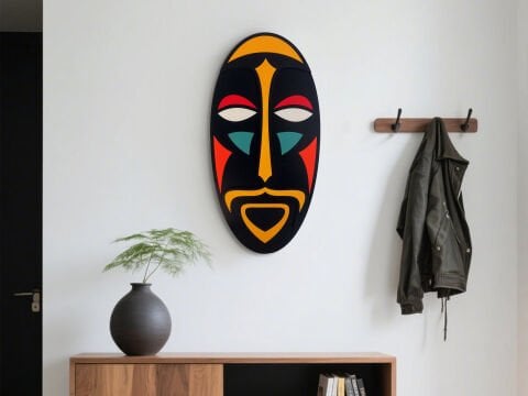 Ritüel – Etnik Mask Formlu MDF Ahşap Katmanlı Duvar Dekoru | El Boyama & Lazer Kesim