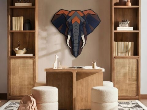 Echo – Geometrik Fil Başlı MDF Ahşap Katmanlı Duvar Dekoru | El Boyama & Lazer Kesim