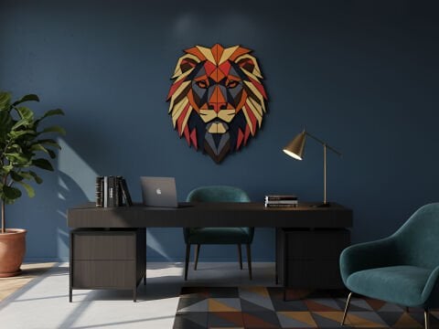 Solaris – Geometrik Aslan Başlı MDF Ahşap Katmanlı Duvar Dekoru | El Boyama & Lazer Kesim
