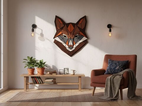 Vulpes – Geometrik Tilki Figürlü MDF Ahşap Katmanlı Duvar Dekoru | El Boyama & Lazer Kesim