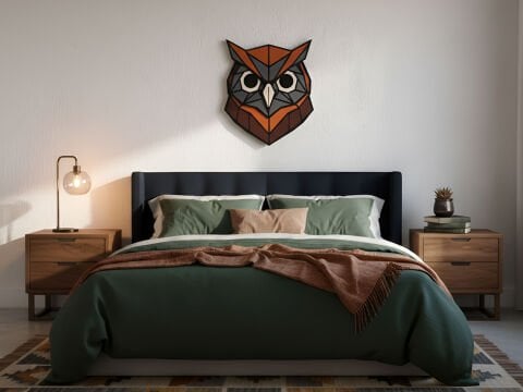 Agna – Geometrik Baykuş Figürlü MDF Ahşap Katmanlı Duvar Dekoru | El Boyama & Lazer Kesim