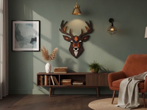 Moose – Geometrik Geyik Figürlü MDF Ahşap Katmanlı Duvar Dekoru | El Boyama & Lazer Kesim