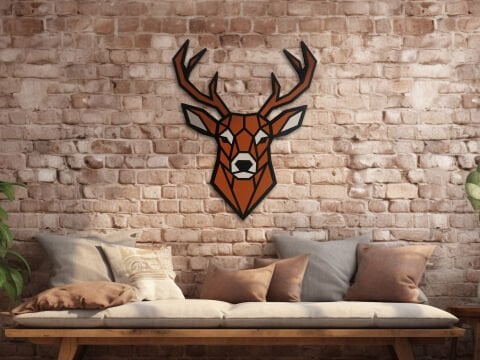 Orin – Geometrik Geyik Figürlü MDF Ahşap Katmanlı Duvar Dekoru | El Boyama & Lazer Kesim