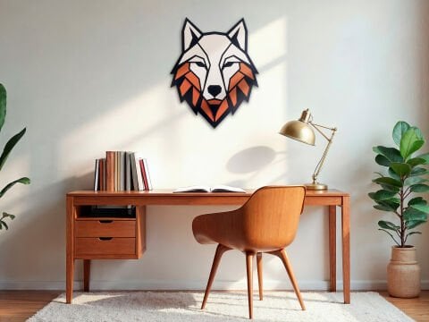 Varka – Geometrik Kurt Başı Figürlü MDF Ahşap Katmanlı Tablo | El Boyama & Lazer Kesim