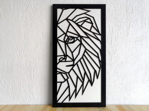 Rava – Geometrik Aslan Figürlü Siyah Beyaz  MDF Ahşap Katmanlı Duvar Tablosu | Lazer Kesim