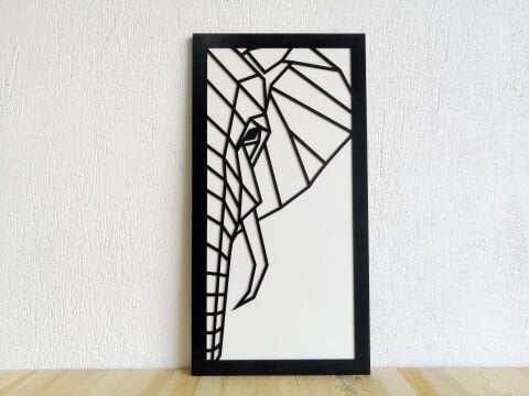 Norsu –Geometrik Fil Figürlü Siyah Beyaz MDF Ahşap Katmanlı Duvar Tablosu | Lazer Kesim