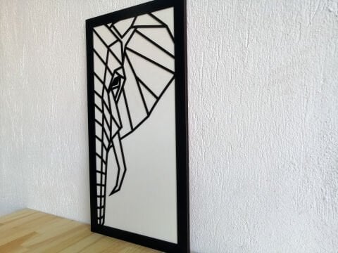 Norsu –Geometrik Fil Figürlü Siyah Beyaz MDF Ahşap Katmanlı Duvar Tablosu | Lazer Kesim