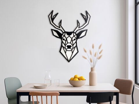 Veika – Geometrik Geyik Figürlü Siyah Beyaz MDF Ahşap Katmanlı Duvar Tablosu | Lazer Kesim