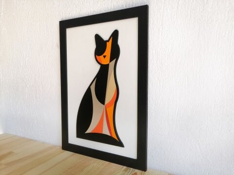 Mau – Geometrik Kedi Figürlü MDF Ahşap Katmanlı Duvar Tablosu | El Boyama & Lazer Kesim