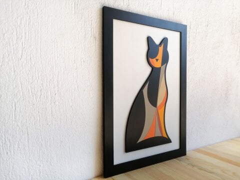 Mau – Geometrik Kedi Figürlü MDF Ahşap Katmanlı Duvar Tablosu | El Boyama & Lazer Kesim