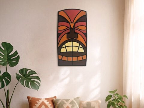 Okha – Geometrik Kabile Maskesi MDF Ahşap Katmanlı Duvar Tablosu | El Boyama & Lazer Kesim