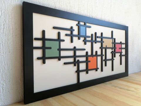 Gridium – Renkli Geometrik MDF Ahşap Katmanlı Duvar Tablosu | El Boyama & Lazer Kesim