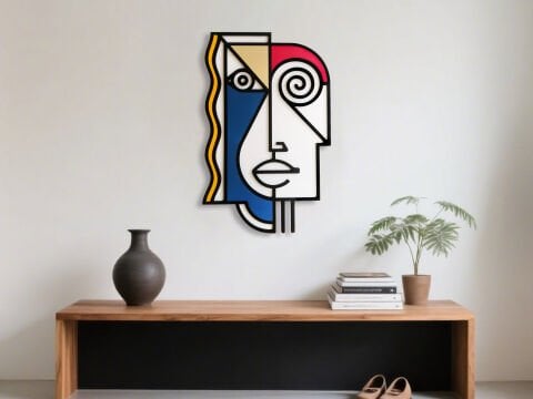 Mneme – Geometrik Kadın Yüzü MDF Ahşap Katmanlı Duvar Tablosu | El Boyama & Lazer Kesim