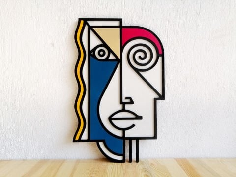 Mneme – Geometrik Kadın Yüzü MDF Ahşap Katmanlı Duvar Tablosu | El Boyama & Lazer Kesim