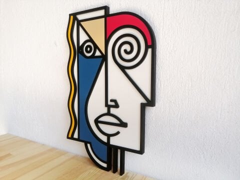 Mneme – Geometrik Kadın Yüzü MDF Ahşap Katmanlı Duvar Tablosu | El Boyama & Lazer Kesim