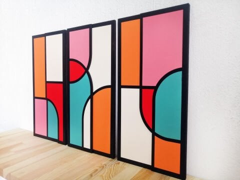 Vitra – Renkli Geometrik MDF Ahşap Katmanlı Duvar Tablo Seti | El Boyama & Lazer Kesim