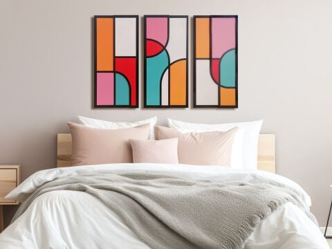 Vitra – Renkli Geometrik MDF Ahşap Katmanlı Duvar Tablo Seti | El Boyama & Lazer Kesim