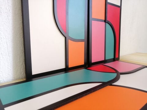 Vitra – Renkli Geometrik MDF Ahşap Katmanlı Duvar Tablo Seti | El Boyama & Lazer Kesim