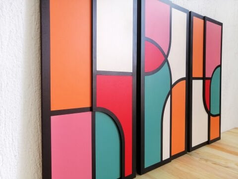 Vitra – Renkli Geometrik MDF Ahşap Katmanlı Duvar Tablo Seti | El Boyama & Lazer Kesim