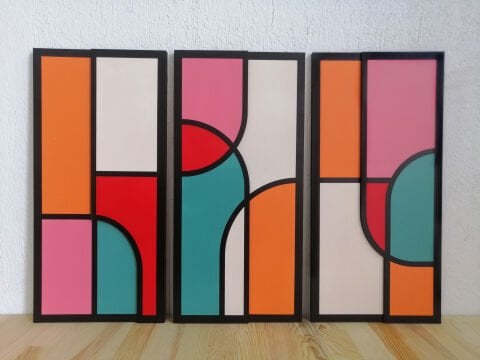 Vitra – Renkli Geometrik MDF Ahşap Katmanlı Duvar Tablo Seti | El Boyama & Lazer Kesim